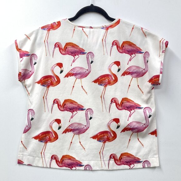 Sonny Tann Boxy Pink Flamingo Top, Cropped in Front, Capped Sleeves, Size Medium - Picture 4 of 8